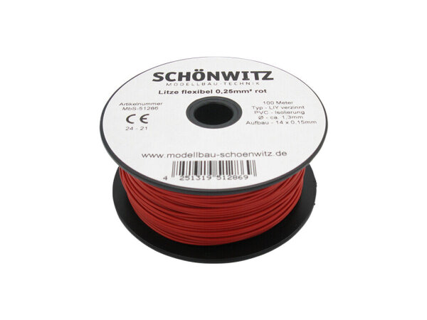 Litze Kabel 0,25mm² LIY Kupferschaltlitze 100 Meter auf Spule 10 Farben Auswahl Rot