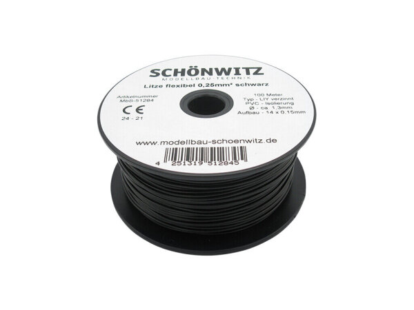 Litze Kabel 0,25mm² LIY Kupferschaltlitze 100 Meter auf Spule 10 Farben Auswahl Schwarz