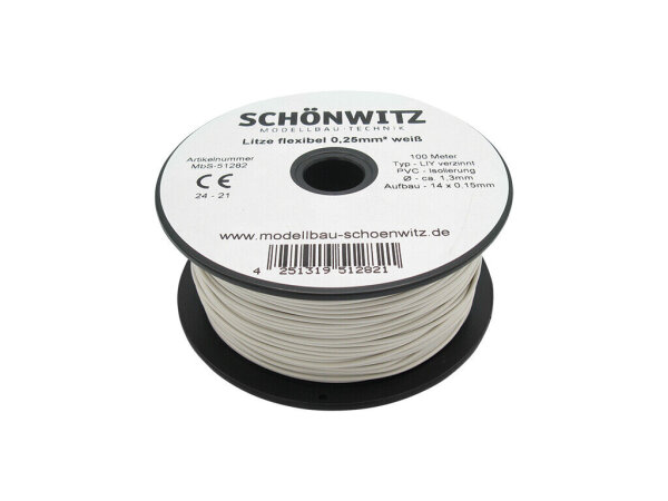 Litze Kabel 0,25mm² LIY Kupferschaltlitze 100 Meter auf Spule 10 Farben Auswahl Weiß