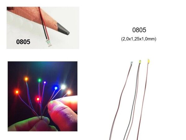 SMD LED 0805 mit Kabel angelötet Ø 0,3mm Microkabel LEDs 10 / 20 Stück 7 Farben