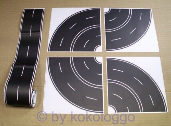 H0 Straßenfolie Straße Beton grau + Asphalt schwarz Gerade + Kurve selbstklebend Set Asphalt (1x Gerade und 4x Kurve)
