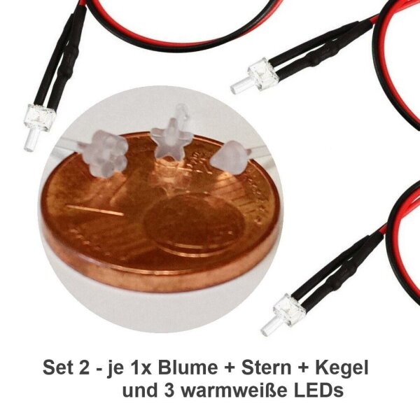 LED Wandlampen N TT 2-3mm für Häuser Gebäude Set 3 oder 6 Stück Auswahl Bausatz Set 2 (Blume Stern Kegel)
