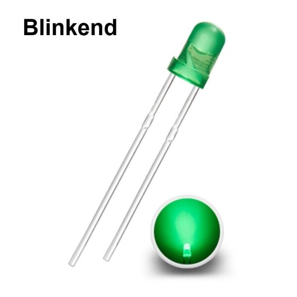 Blink LEDs 3mm Blinker LED Blinklicht langsam bis schnell blinkend 1-3Hz Auswahl grün diffus 1Hz (blinkt ca. 60 mal pro Minute) 10 Stück