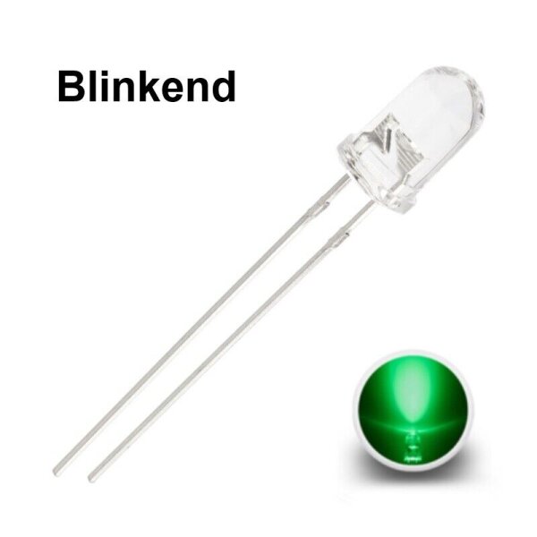 Blink LEDs 5mm Blinker LED Blinklicht langsam blinkend 1Hz (60x pro Minute) grün klar 20 Stück