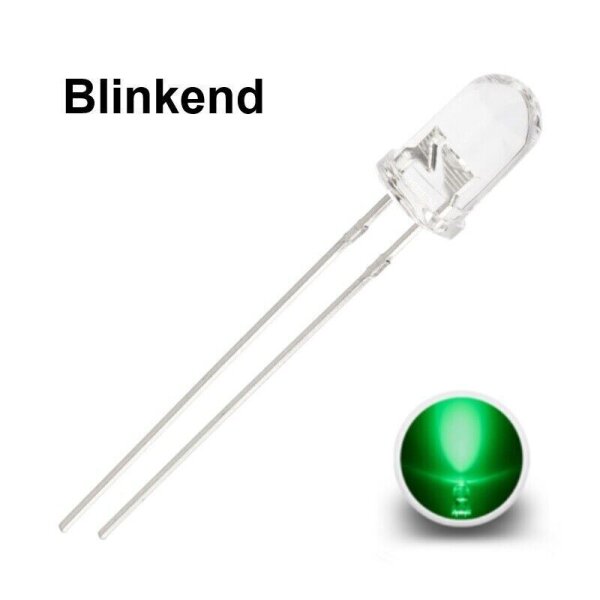 Blink LEDs 5mm Blinker LED Blinklicht langsam blinkend 0,5Hz (30x pro Minute) grün klar 10 Stück