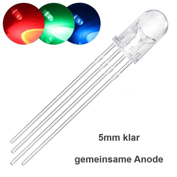 RGB LED 5mm 4-Pin Kurzkopf Strohhut LEDs klar diffus gemeinsame Kathode / Anode 5mm RGB klar gem. Anode 10 Stück