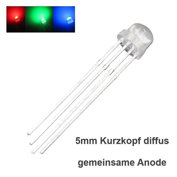 RGB LED 5mm 4-Pin Kurzkopf Strohhut LEDs klar diffus gemeinsame Kathode / Anode 5mm RGB Kurzkopf diffus gem. Anode 10 Stück