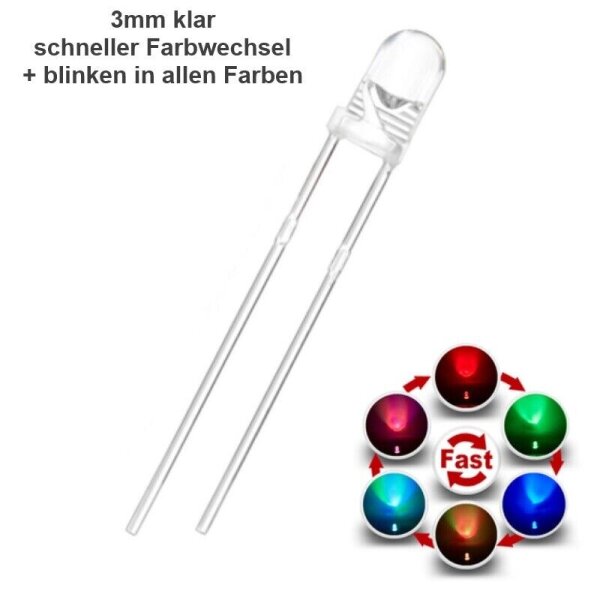 LED RGB 3mm 5mm Regenbogen Farbwechsel langsam schnell Lichtwechsel Blinken LEDs 3mm klar schneller Lichtwechsel + Blinken 10 Stück