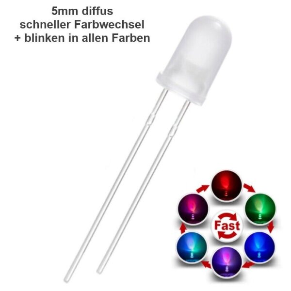 LED RGB 3mm 5mm Regenbogen Farbwechsel langsam schnell Lichtwechsel Blinken LEDs 5mm diffus schneller Lichtwechsel + Blinken 10 Stück