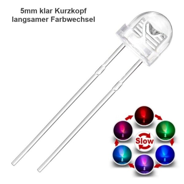 LED RGB 3mm 5mm Regenbogen Farbwechsel langsam schnell Lichtwechsel Blinken LEDs 5mm Kurzkopf langsamer Lichtwechsel 10 Stück