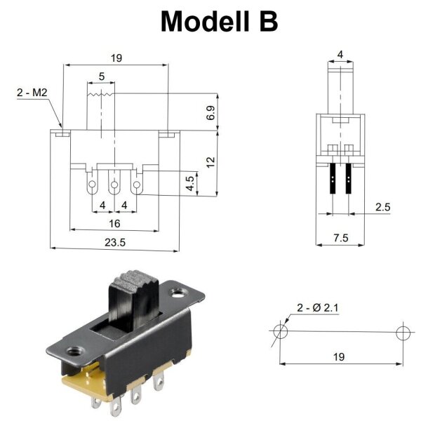 Schiebeschalter Mikroschalter Mini Schalter 2 Positionen 3-Pin 6-Pin Modellbau Schiebeschalter Typ B 6-Pin 5 Stück