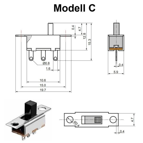 Schiebeschalter Mikroschalter Mini Schalter 2 Positionen 3-Pin 6-Pin Modellbau Schiebeschalter Typ C 3-Pin 1 Stück