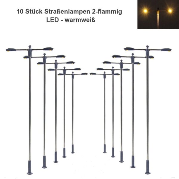 LED Straßenlampen H0 TT Lampen Leuchten 6-10cm 12-19V Modelleisenbahn 10 Stück 10 Stück 2-flammig warmweiß