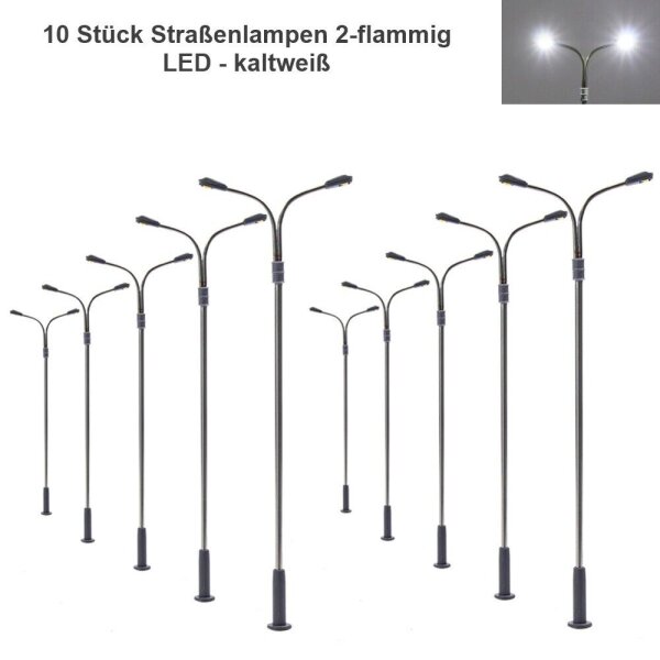 LED Straßenlampen H0 TT Lampen Leuchten 6-10cm 12-19V Modelleisenbahn 10 Stück 10 Stück 2-flammig kaltweiß