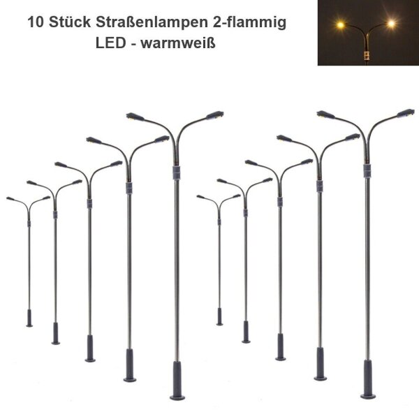LED Straßenlampen H0 TT Lampen Leuchten 6-10cm 12-19V Modelleisenbahn 10 Stück 10 Stück 2-flammig warmweiß
