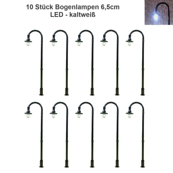 LED Straßenlampen H0 TT Bogenleuchten 5cm 6,5cm 12-19V Lampen Leuchten 10 Stück 10 Stück 6,5cm kaltweiß