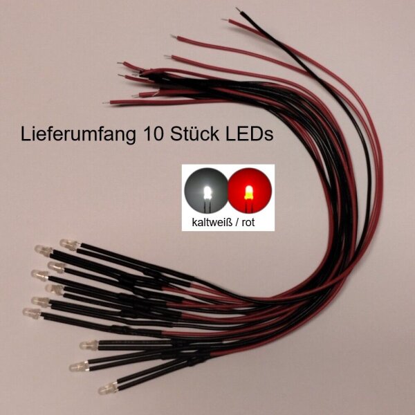 LED Umbauset Duo LEDs 2mm 3mm mit Kabel Lichtwechsel H0 Loks Triebwagen analog 3mm kaltweiß / rot 10 Stück