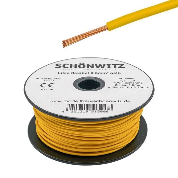 Litze Kabel 0,5mm² LIY Kupferschaltlitze 50 Meter Spule 0,50mm² Cu Ringleitung Gelb
