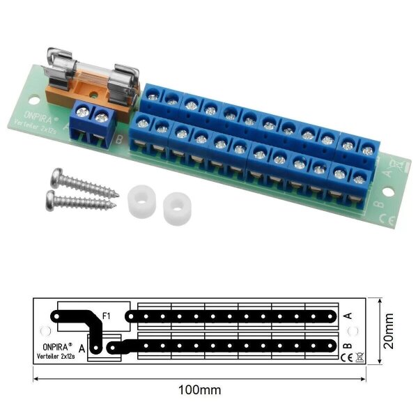 Stromverteiler Verteiler Sicherungsverteiler für Modellbahn DC AC und Digital Schraubklemmen 2x12 mit Sicherung