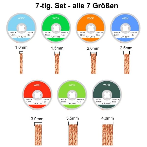 Entlötlitze Sauglitze Set 1 1,5 2 2,5 3 3,5 4mm Entlöten Kupfer Absauglitze 1,5m Set alle 7 Größen