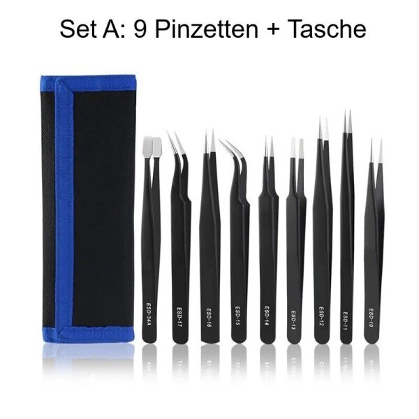 Pinzetten Set Edelstahl 6 / 9 ESD Antistatisch Präzisionspinzetten Spitzpinzette Set A: 9 Stück Pinzetten