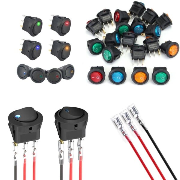 Kippschalter Wippschalter Switch Rund Snap-In 12V LED 3 Pin Ø 15mm Schalter SPST