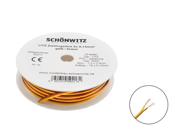 Zwillingslitze Doppellitze 2x 0,14mm² 10m Spule Litze zweiadrig Kabel Kupfer Cu gelb / braun