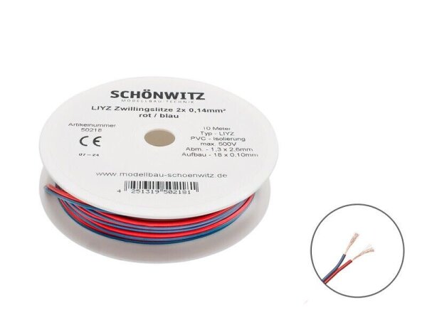 Zwillingslitze Doppellitze 2x 0,14mm² 10m Spule Litze zweiadrig Kabel Kupfer Cu rot / blau