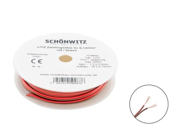 Zwillingslitze Doppellitze 2x 0,14mm² 10m Spule Litze zweiadrig Kabel Kupfer Cu rot / braun