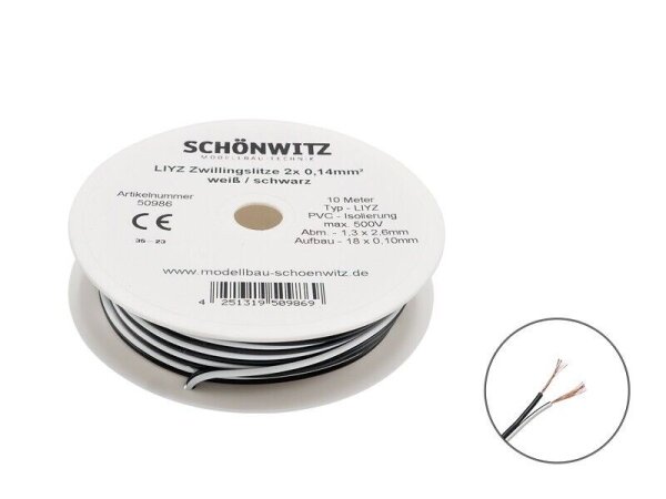 Zwillingslitze Doppellitze 2x 0,14mm² 10m Spule Litze zweiadrig Kabel Kupfer Cu schwarz / weiß