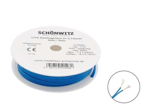 Zwillingslitze Doppellitze 2x 0,14mm² 10m Spule Litze zweiadrig Kabel Kupfer Cu Blau